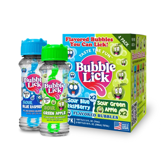 4 pk Box Variety 2.5oz Bubble Lick Sour Blue Raspberry, Sour Green Apple Flavored Bubbles