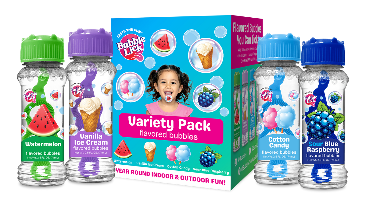 A variety pack of Bubble Lick flavored bubbles bottles and their retail box. The set includes four clear bottles with colorful caps (green, purple, blue) and a blue box labeled 'Variety Pack' showing different bubble flavors like Watermelon, Vanilla Ice Cream, Cotton Candy, and Sour Blue Raspberry.