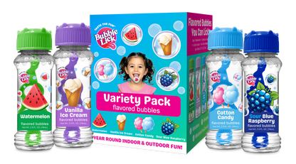 A variety pack of Bubble Lick flavored bubbles bottles and their retail box. The set includes four clear bottles with colorful caps (green, purple, blue) and a blue box labeled 'Variety Pack' showing different bubble flavors like Watermelon, Vanilla Ice Cream, Cotton Candy, and Sour Blue Raspberry.