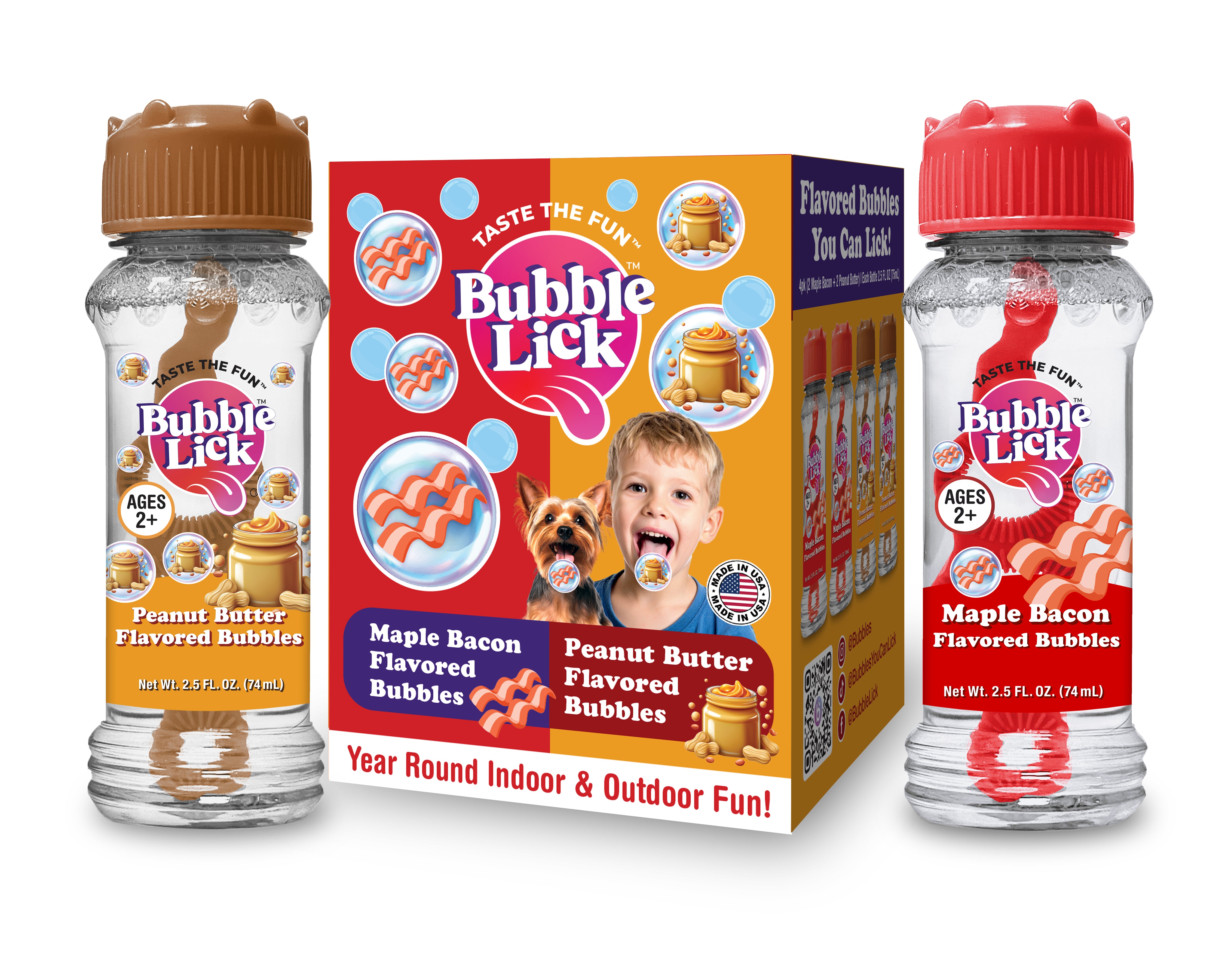 4 pk Box 2.5oz Variety Flavor Bubble Lick Maple Bacon & Peanut Butter Flavored Bubbles