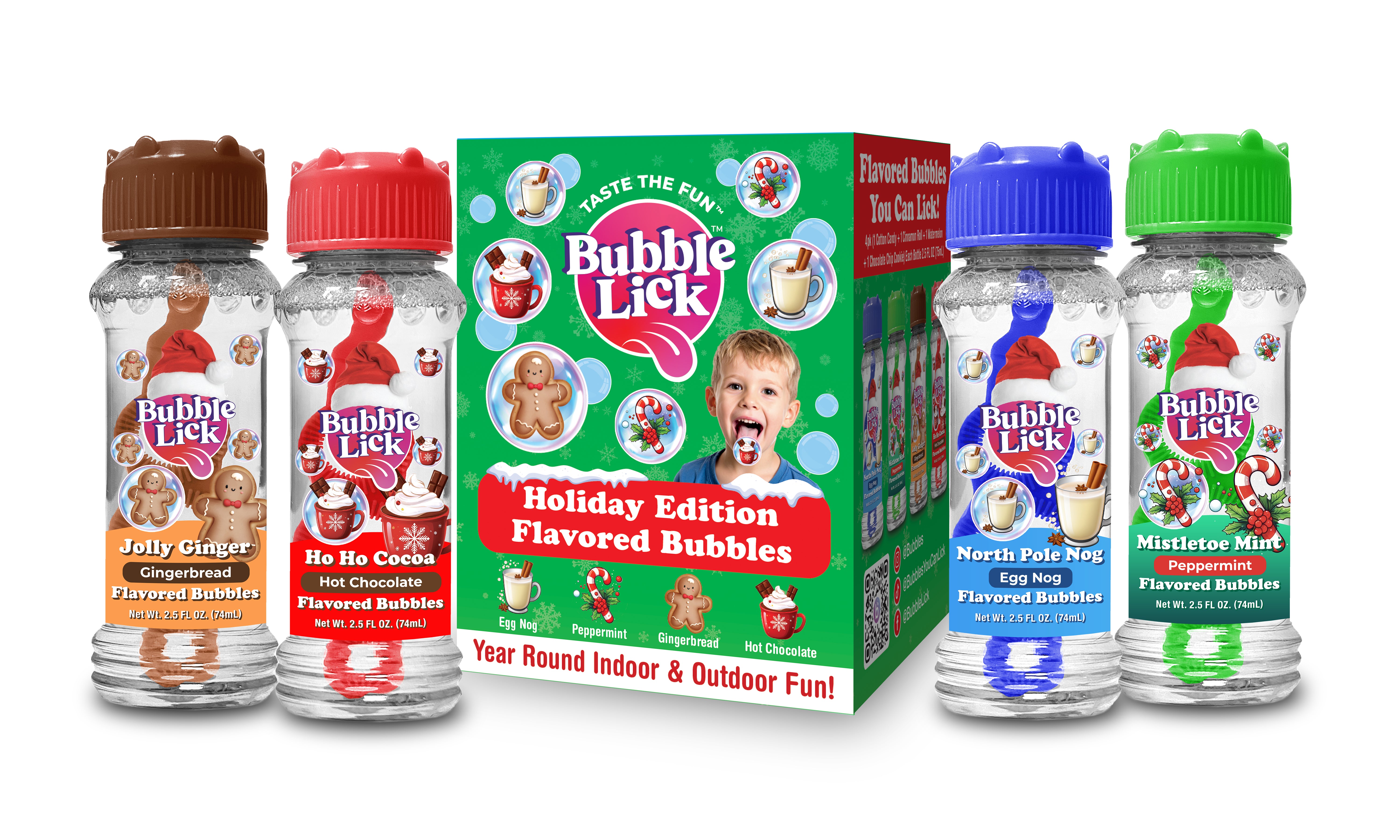 4 pk Box 2.5oz Bubble Lick Holiday Flavored Bubbles Peppermint Cocoa Gingerbread Eggnog USA Made