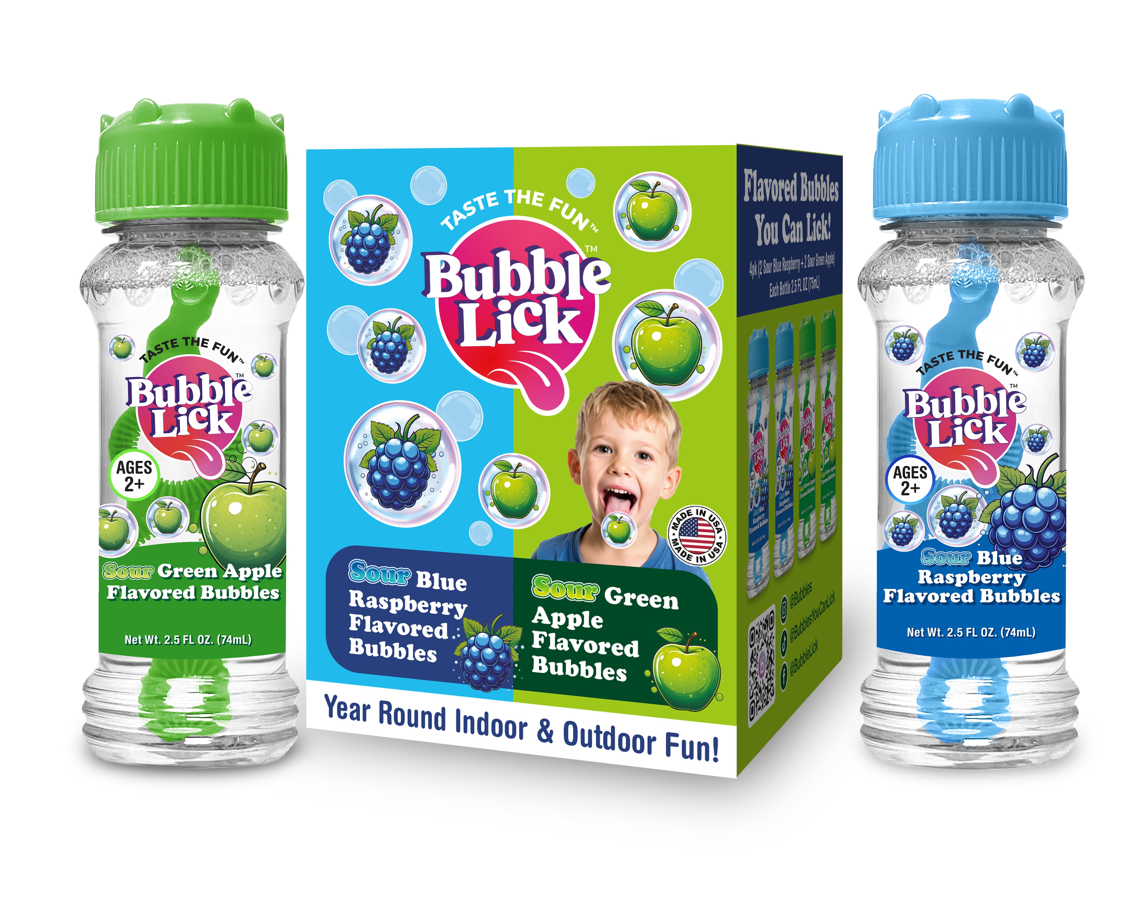 4 pk Box Variety 2.5oz Bubble Lick Sour Blue Raspberry, Sour Green Apple Flavored Bubbles