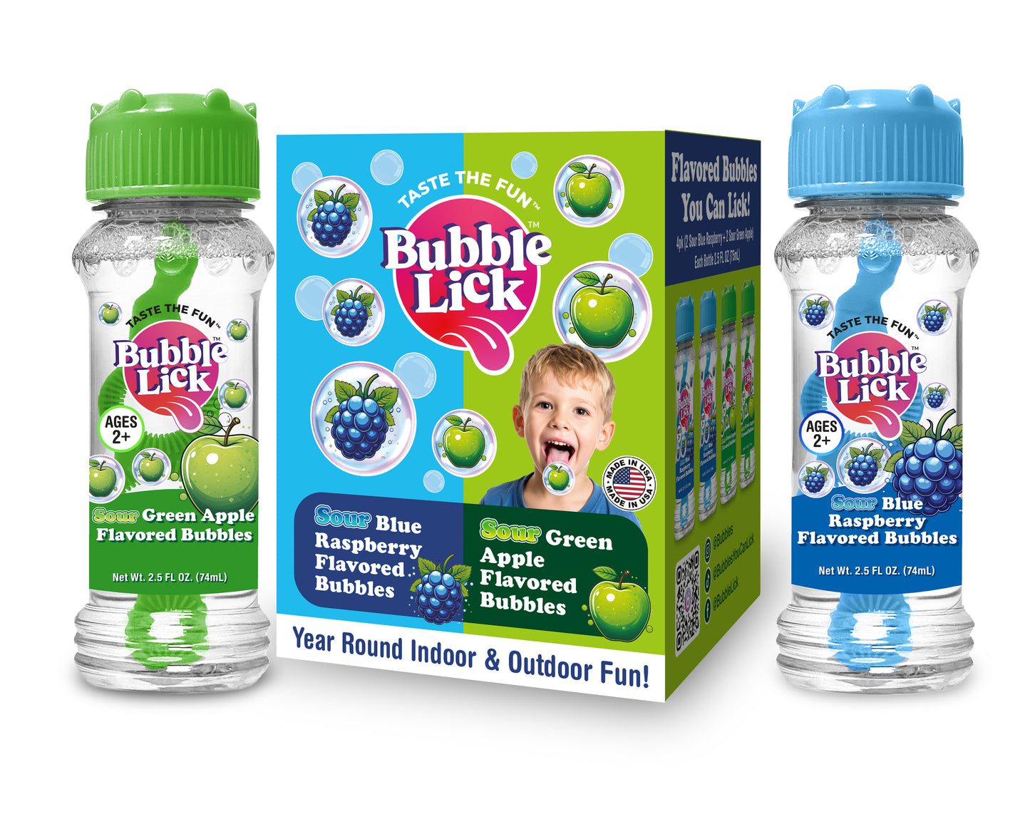 4 pk Box Variety 2.5oz Bubble Lick Sour Blue Raspberry, Sour Green Apple Flavored Bubbles