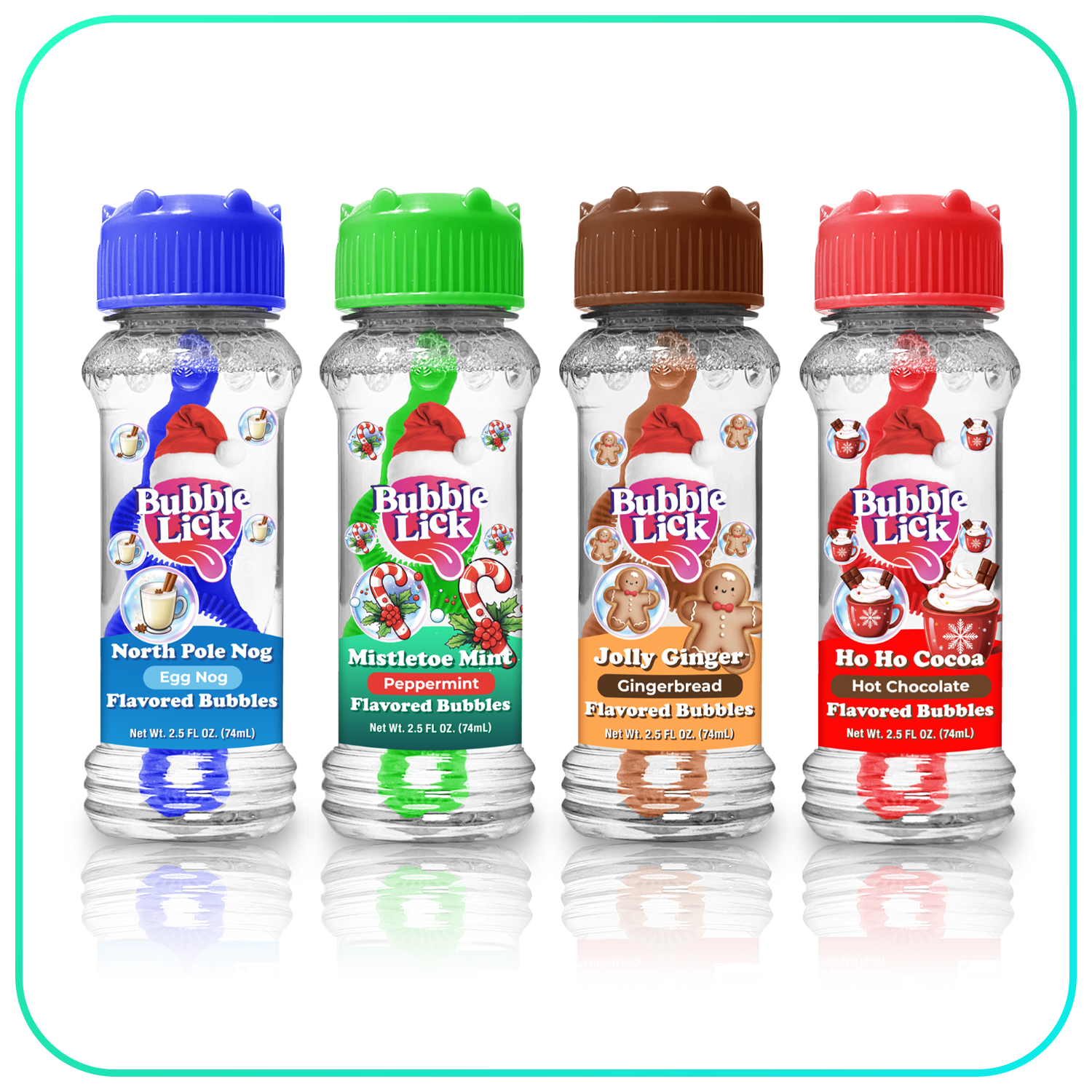 4 pk Box 2.5oz Bubble Lick Holiday Flavored Bubbles Peppermint Cocoa Gingerbread Eggnog USA Made