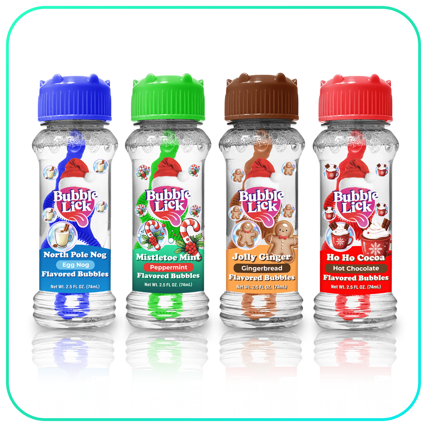 4 pk Box 2.5oz Bubble Lick Holiday Flavored Bubbles Peppermint Cocoa Gingerbread Eggnog USA Made