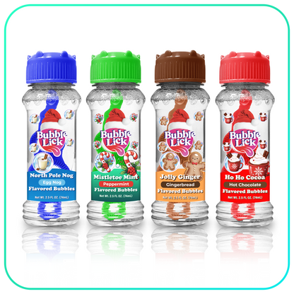 4 pk Box 2.5oz Bubble Lick Holiday Flavored Bubbles Peppermint Cocoa Gingerbread Eggnog USA Made