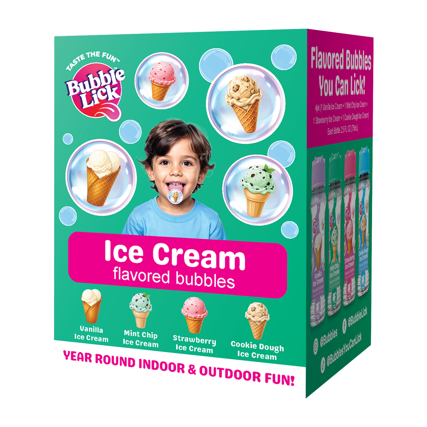 4 pk Box 2.5oz Bubble Lick Ice Cream Variety Pack Flavored Bubbles
