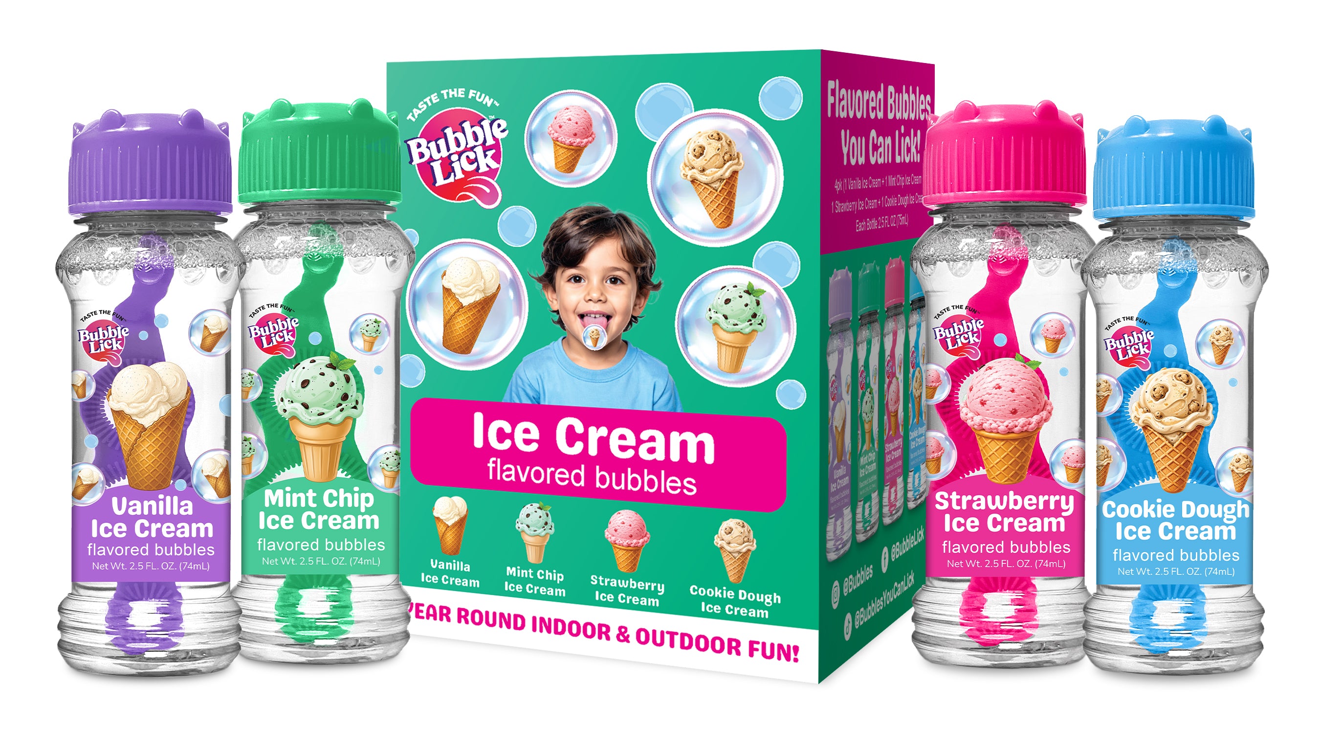 4 pk Box 2.5oz Bubble Lick Ice Cream Variety Pack Flavored Bubbles