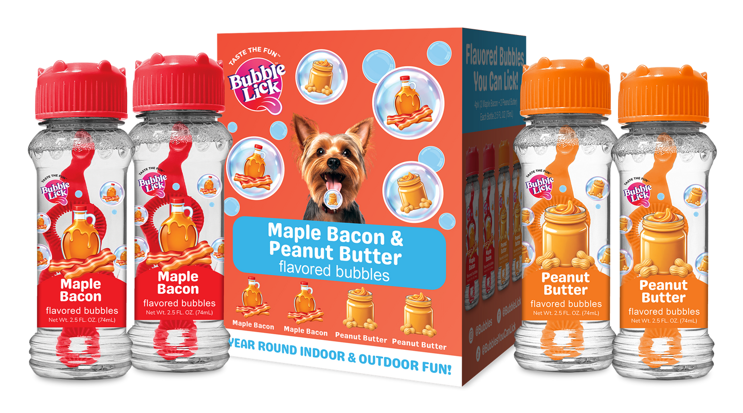 4 pk Box 2.5oz Variety Flavor Bubble Lick Maple Bacon & Peanut Butter Flavored Bubbles