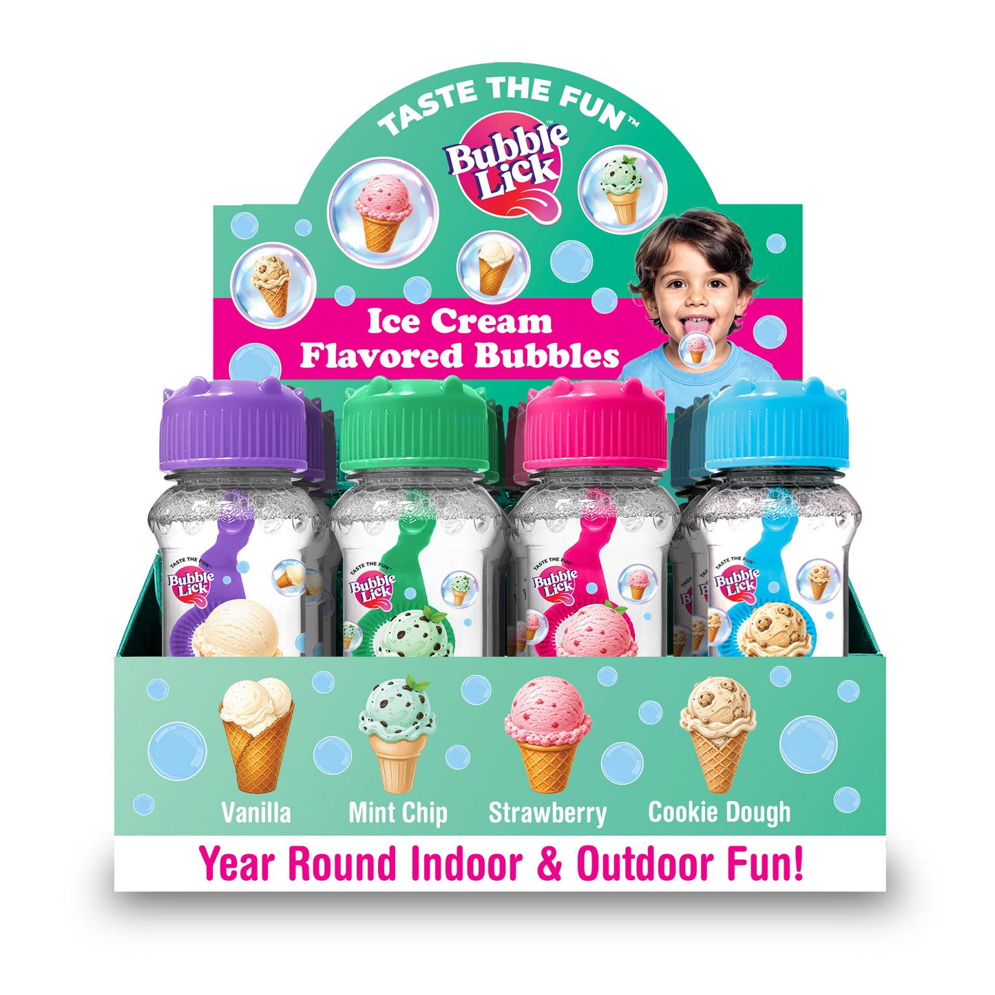 12 cnt PDQ 2.5oz Bubble Lick Ice Cream Variety Flavored Bubbles