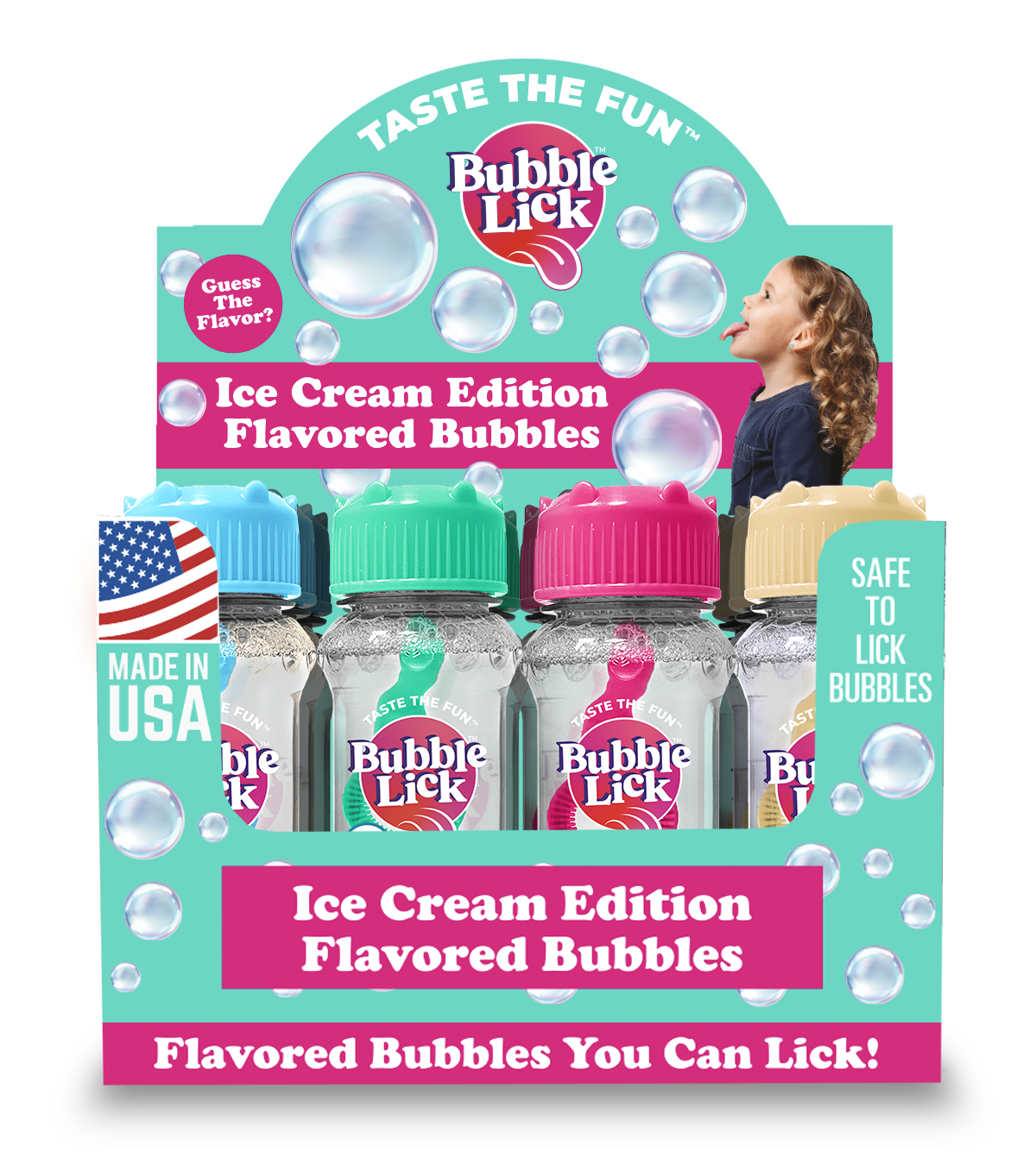 16 cnt PDQ Bubble Lick Ice Cream Collection Cookie Dough, Mint Chocolate Chip, Strawberry & Vanilla Flavored Bubbles