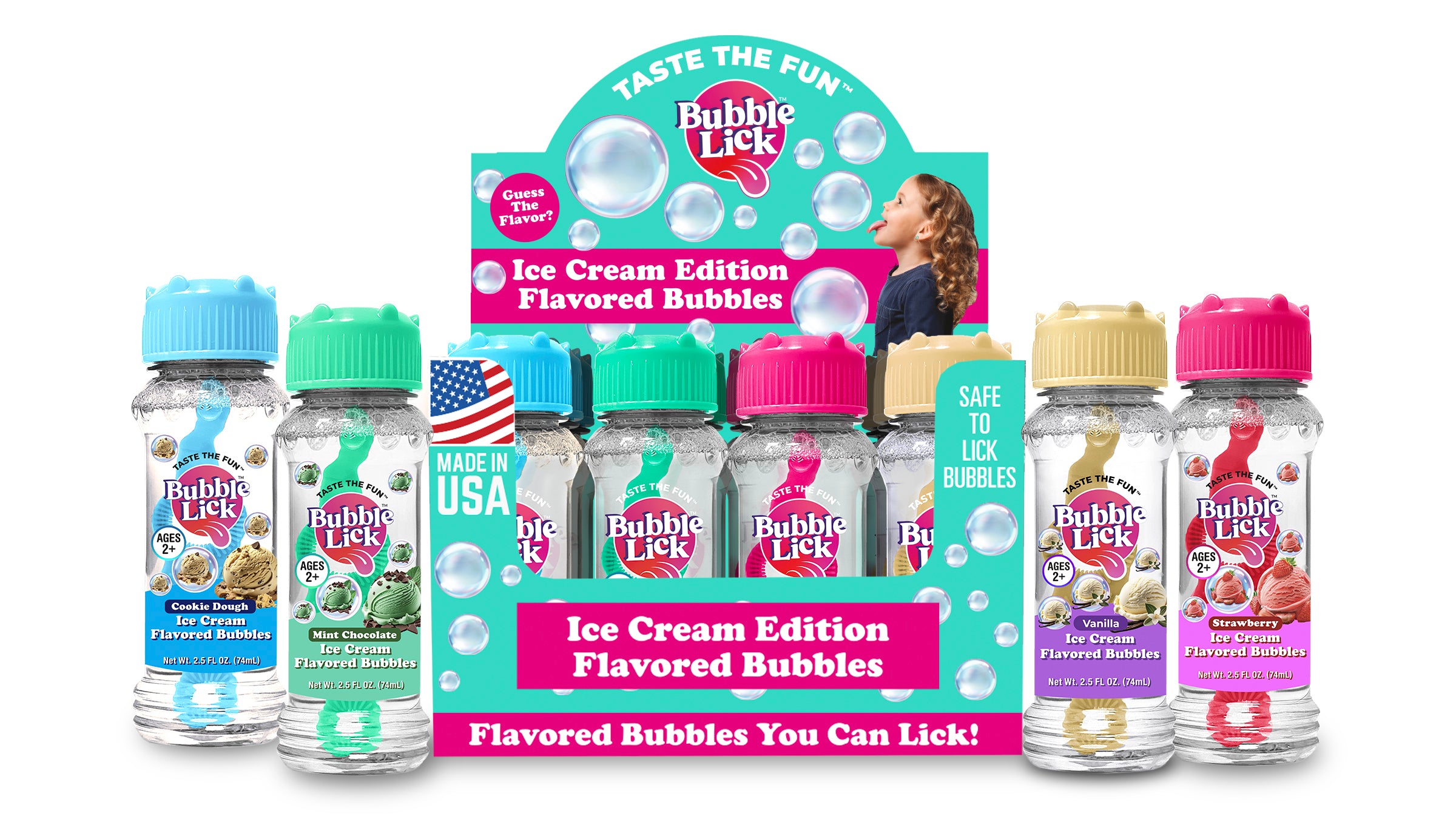 16cnt PDQ Bubble Lick Ice Cream Collection Cookie Dough, Mint Chocolate Chip, Strawberry & Vanilla Flavored Bubbles