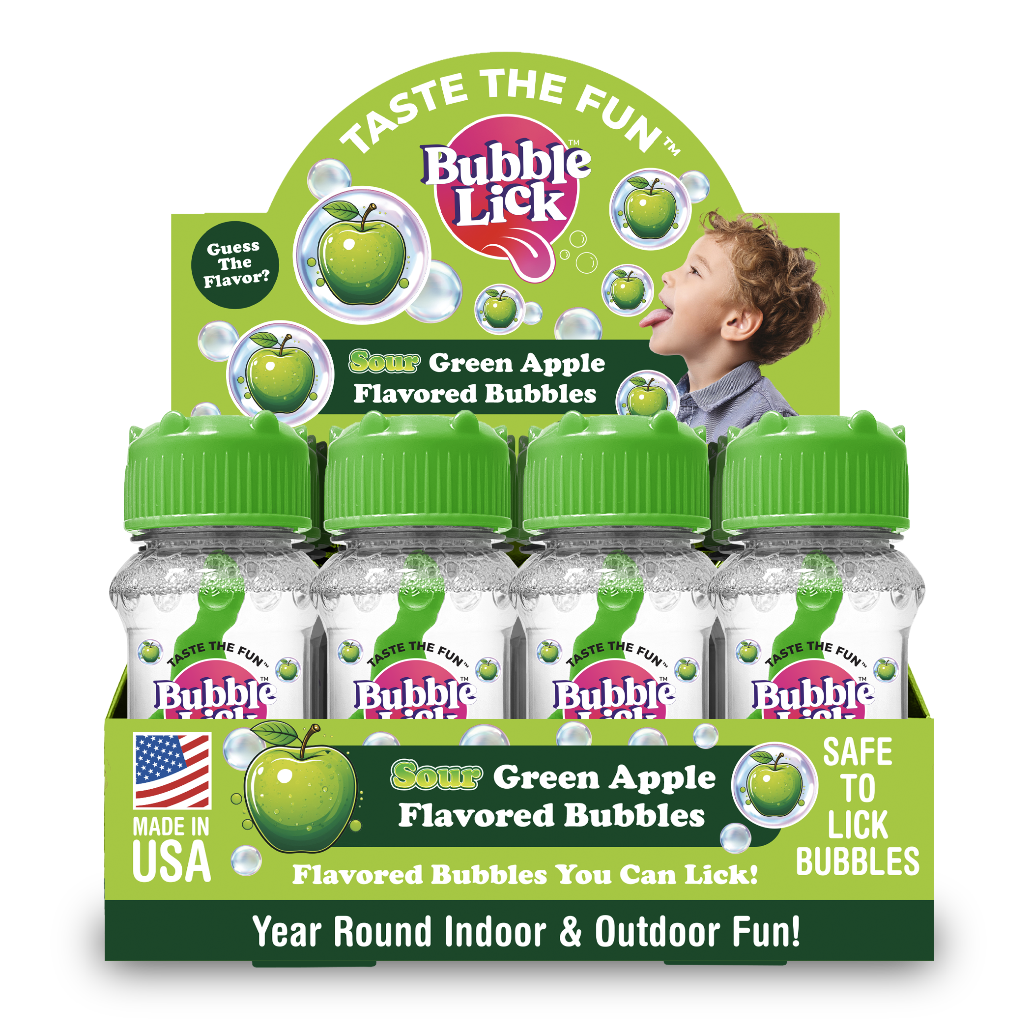 12 cnt PDQ 2.5oz Bubble Lick Sour Green Apple Flavored Bubbles