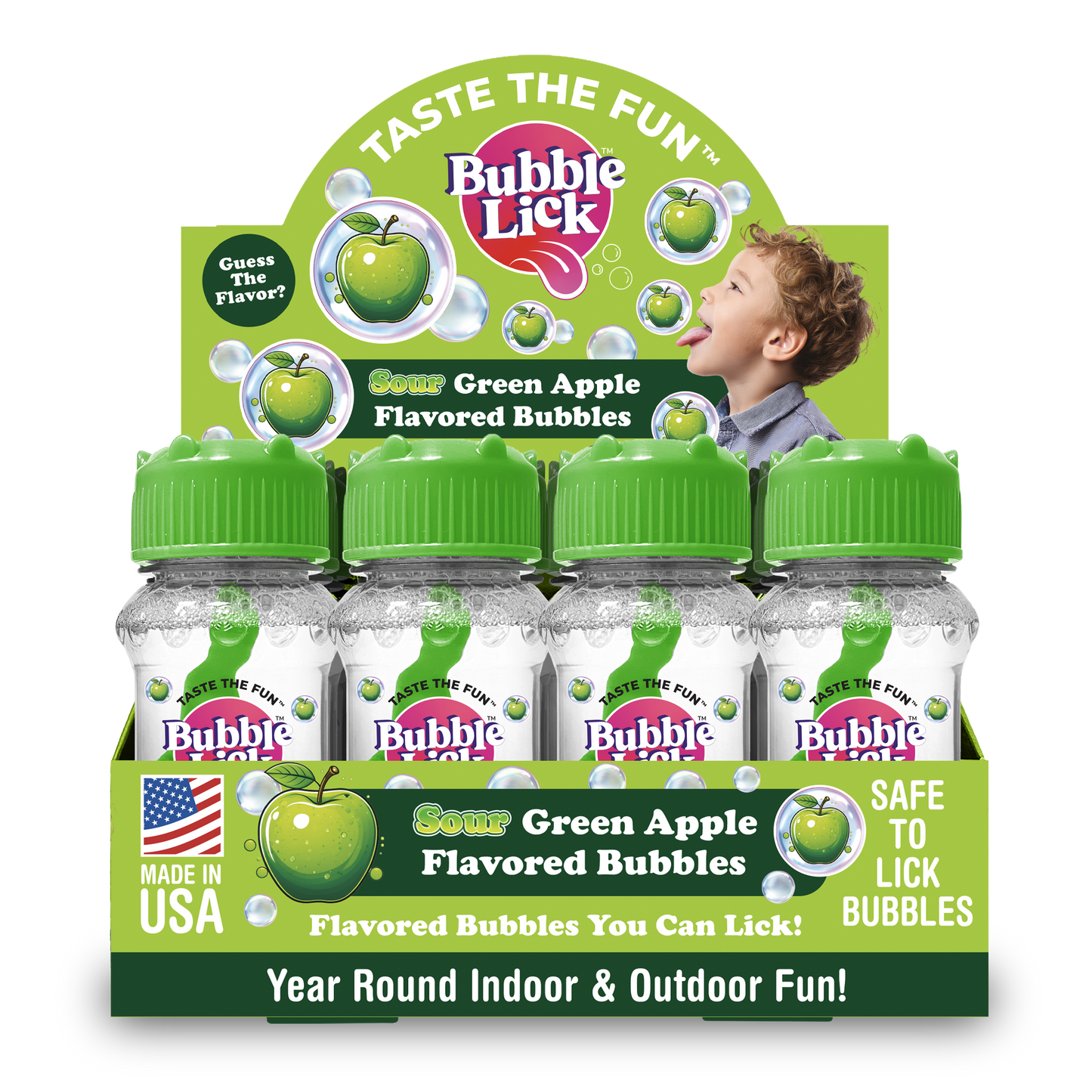 12 cnt PDQ 2.5oz Bubble Lick Sour Green Apple Flavored Bubbles