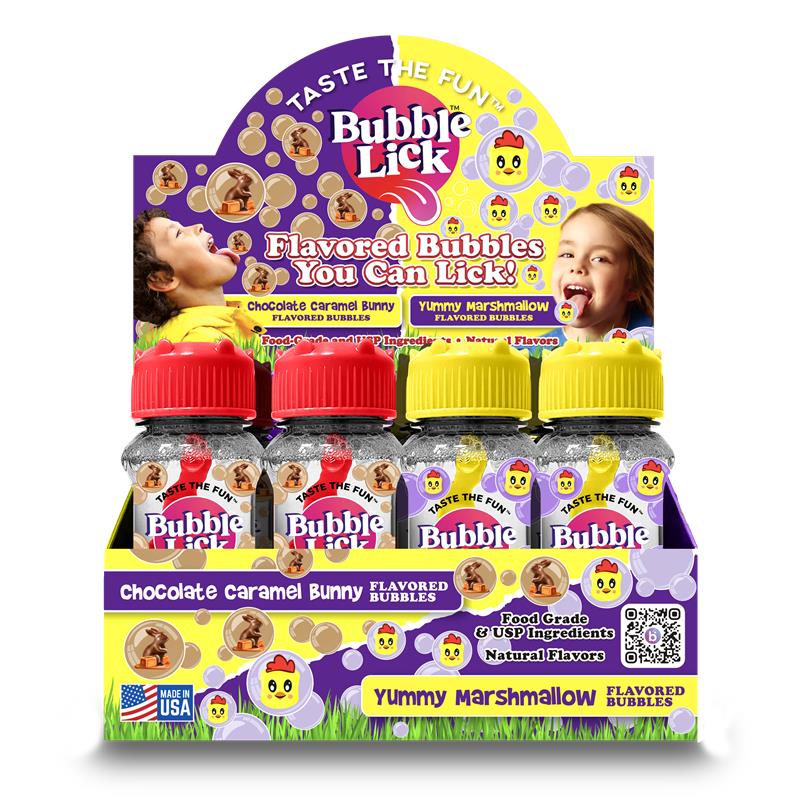 12 cnt PDQ 2.5oz Bubble Lick Variety Marshmallow & Chocolate Caramel Bunny Flavored Bubbles